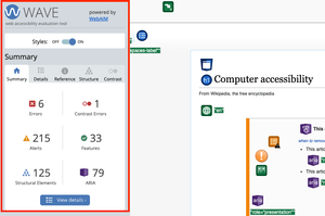 Screenshot of WAVE's interface open on a page, the issues panel is highlighted.