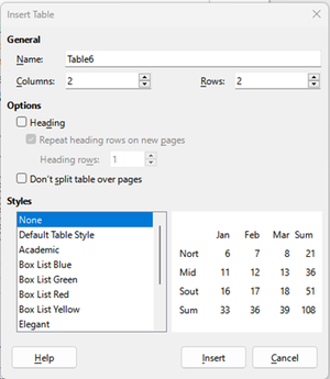 Insert table dialog box