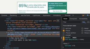 Screenshot of the link, which currently has keyboard focus forced upon it, in the DevTools, which also form part of the screenshot. In the CSS, it is evident that the focus indicator has been removed, intentionally