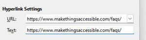 Hyperlink settings in the Hyperlink dialog box