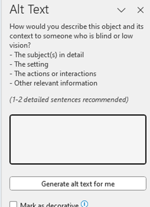 Alt text dialog box showing alt text field and checkbox for marking image as decorative, and a button to generate using AI a description