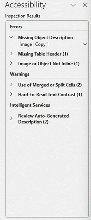 Accessibility inspection results pane
