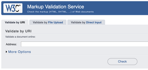 Screenshot of the HTML validator, displaying the 3 tabs for testing a page, Validate by URI, Validate by File Upload and Validate by Direct Input