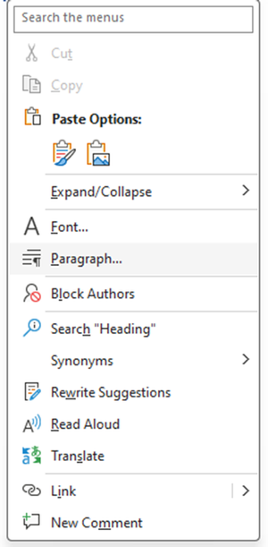 Menu with paragraph