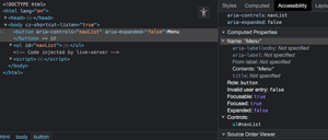 Screenshot of the button and list we created earlier open in Chrome, the button is the highlighted node in the DevTools and we have the accessibility panel open, which shows that the relationship is understood, as the Controls information references the ID of our list element.