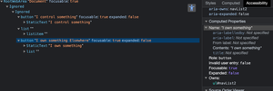Screenshot of the DevTools, showing the accessibility tree, both buttons are displayed and the nesting demonstrates that the list is actually nested inside the button when aria owns is used, but not when aria controls is used