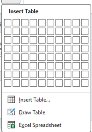 Insert table menu