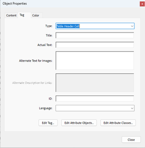 Object properties dialog, tag tab and type