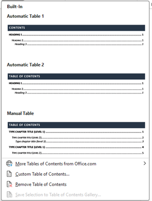 Built-In, Automatic Table, Manual Table