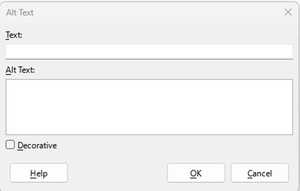 Alt text dialog box showing text field, alt text field and checkbox for marking image as decorative