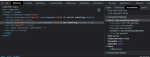 Using the code example we have been using throughout, in our disclosure pattern I have removed aria-controls and added aria-owns, this screenshot shows the DOM in the DevTools and the accessibility pane shows that the name of the button has been appended and there is a reference to the owned element