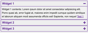Screenshot of the accordions, which display on smaller viewports, the first panel is expanded, each accordion has an icon, which is a minus if expanded and a plus if collapsed. They have minimal styling, using the rebeccapurple colour for their borders and the button text