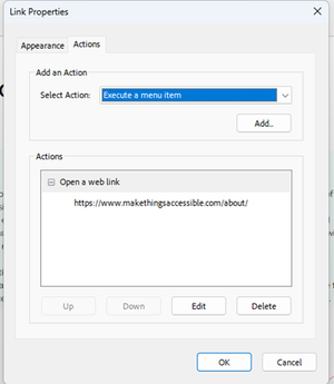 Link properties select action execute a menu item
