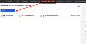 Screenshot of IBM's Equal Access open within Chrome's DevTools, there Accessibility Assessment for the tool is highlighted with an arrow pointing to the Scan button