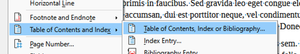 Insert menu showing Table of Contents and Index, Table of Contents, Index or Bibliography...