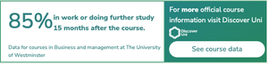 Screenshot of the widget which contains text with statistics for how many students were in work or further study within 15 months of completing the course. There is also a link within the widget that takes a user to the Discover ui site and displays these details in greater depth.