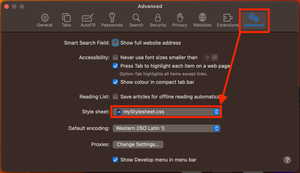 Screenshot of the Settings menu (previously called Preferences) in Safari, on MacOS, the Advanced tab is highlighted and there is an arrow pointing to the Stylesheet drop down, which has our custom stylesheet added and is also highlighted