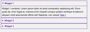 Screenshot of the Details and Summary elements which are provided to users where JavaScript is unavailable, disabled or doesn't load. The first panel is open, they have minimal styling, using the rebeccapurple colour for their borders and the text in the Summary element