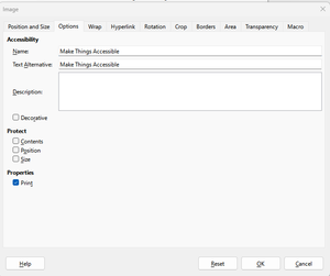 Image dialog box with the options tab selected and the accessibility fields
