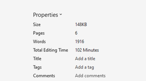 Properties section showing size, pages, words, title, tags and comments