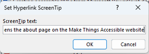 Set hyperlink screentip dialog box