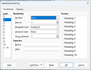 Heading numbering dialog box