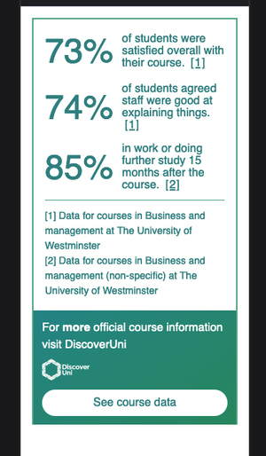 Screenshot of the mobile view of the Discover Uni widget. The widget fits into the viewport, it flows into a single column and the call to action is presented at the bottom