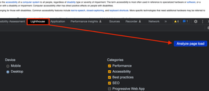 Screenshot of the Lighthouse interface, in Chrome's DevTools, the Lighthouse tab is highlighted and there is an arrow pointing at the Analyze page load button