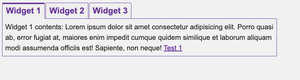 Screenshot of the tabs, which displays on the larger viewport. The first tab is selected and there is a thicker border at the top of the tab to show this, in addition, there is no bottom border on the tab, so it flows into its associated panel. They have minimal styling, using the rebeccapurple colour for their borders, the thicker border for the selected tab and the button text