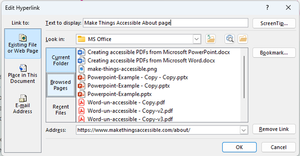 Edit hyperlink dialogue box